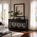 Bridgeport 3 Drawer Console - Black with cross-braced detailing and deep lower shelf in a refined living space.