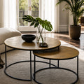 Harrington Coffee Table Set/2 with textured antique brass aluminium tops and black metal frames in a sunlit living room.