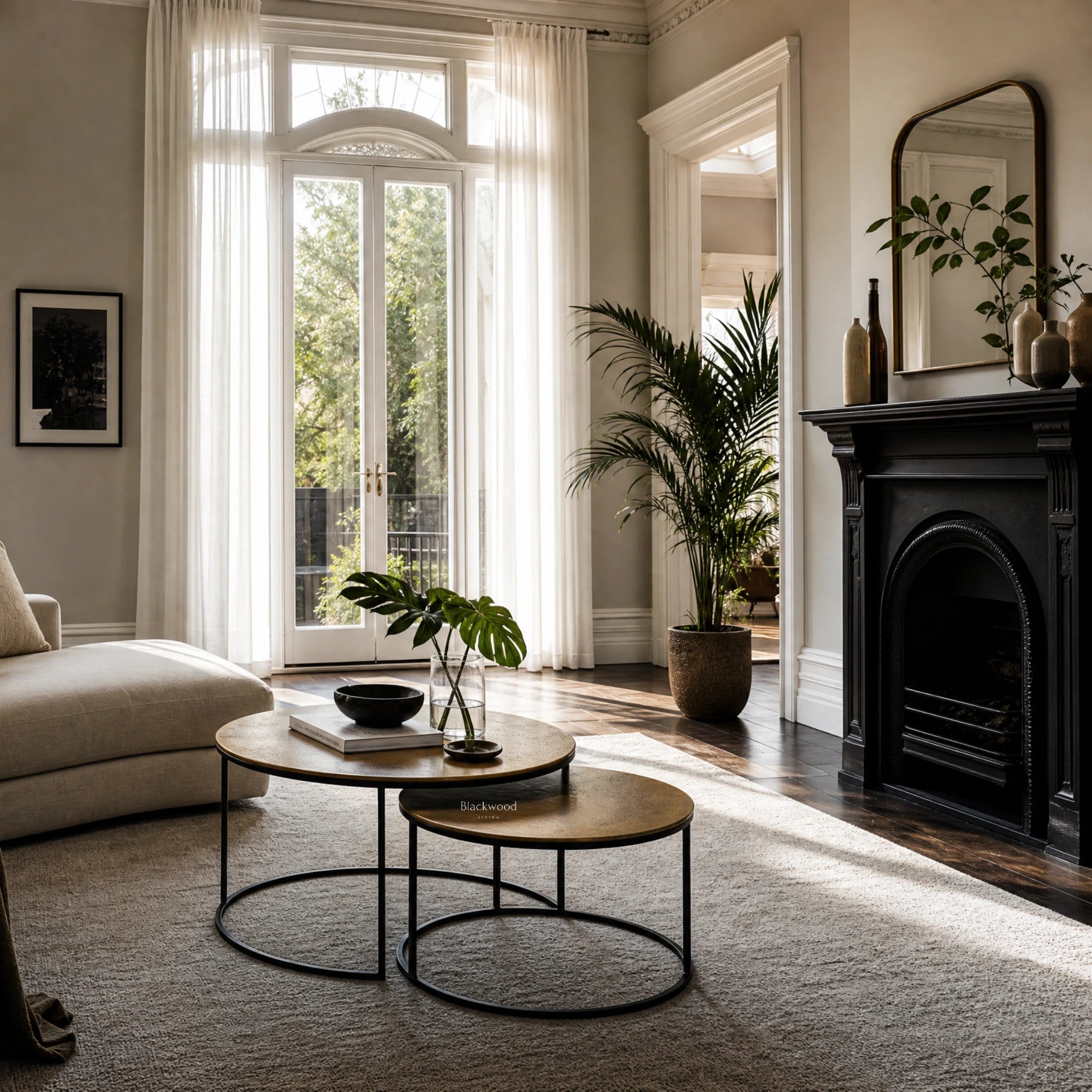 Harrington Coffee Table Set/2: two round aluminium tables with antique brass finish and textured tops.
