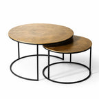 Harrington Coffee Table Set/2: two round textured antique-brass tops on black metal frames.