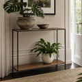 Assam Console Table in aluminium with antique brass finish and matt black frame, two-tier with plants.