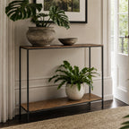Assam Console Table in aluminium with antique brass finish and matt black frame, two-tier with plants.