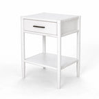 Rangoon Bedside Table in white with a single drawer and lower shelf, bamboo-style frame.