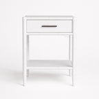 Rangoon Bedside Table - White, British colonial-inspired design with a single drawer and dark metal handle.