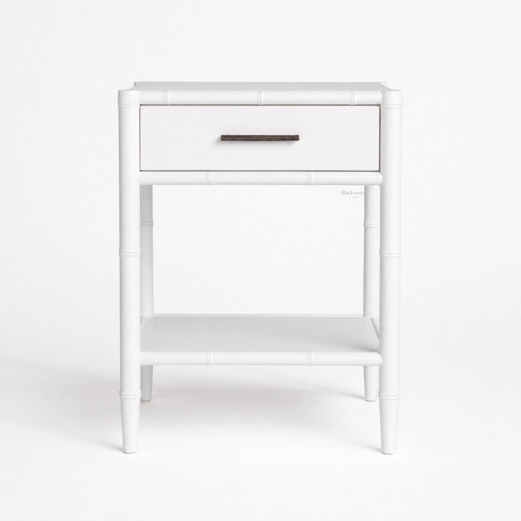 Rangoon Bedside Table - White, British colonial-inspired design with a single drawer and dark metal handle.
