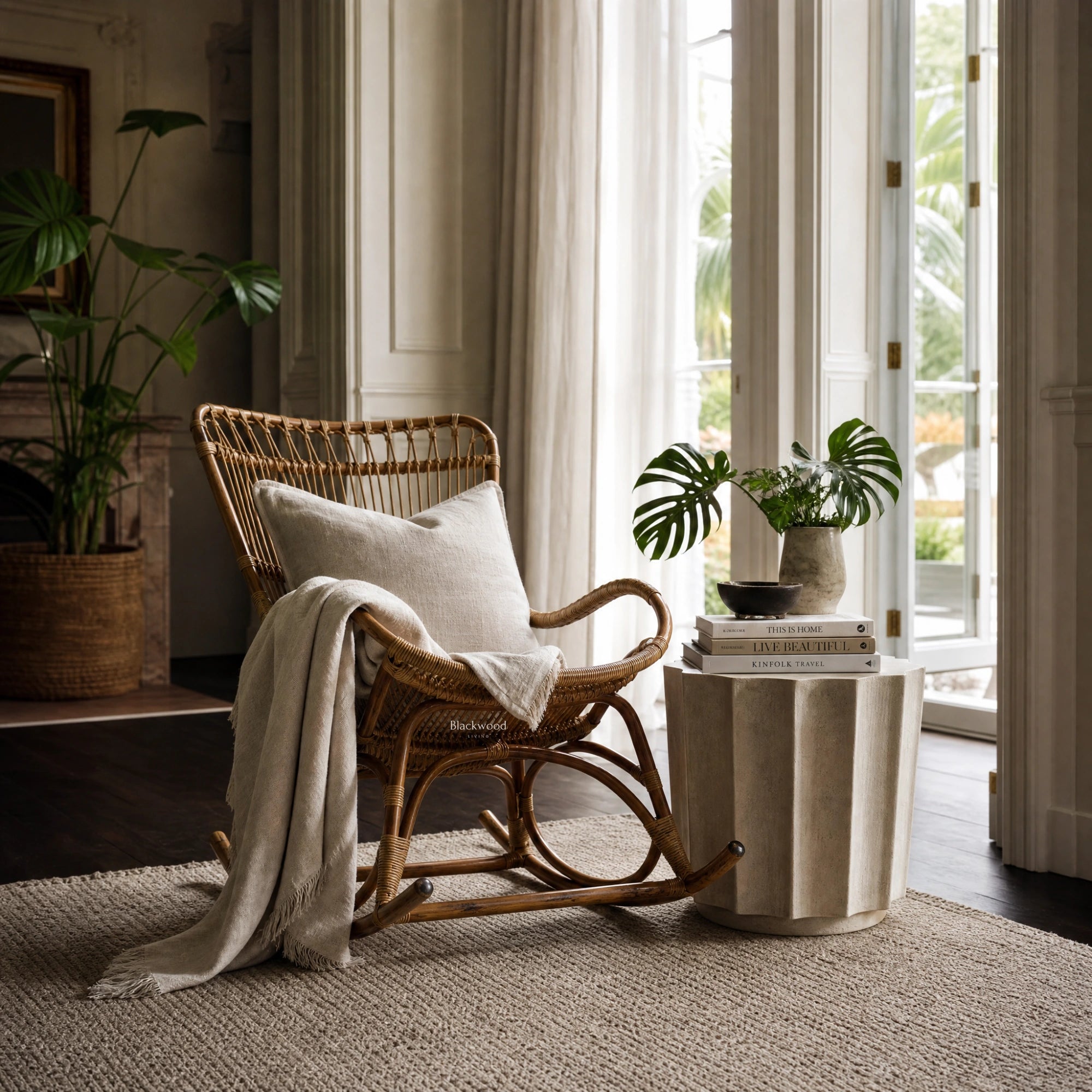 Sika Originals Monet Rattan Rocking Chair with beige cushions in sunlit living room beside tropical plants