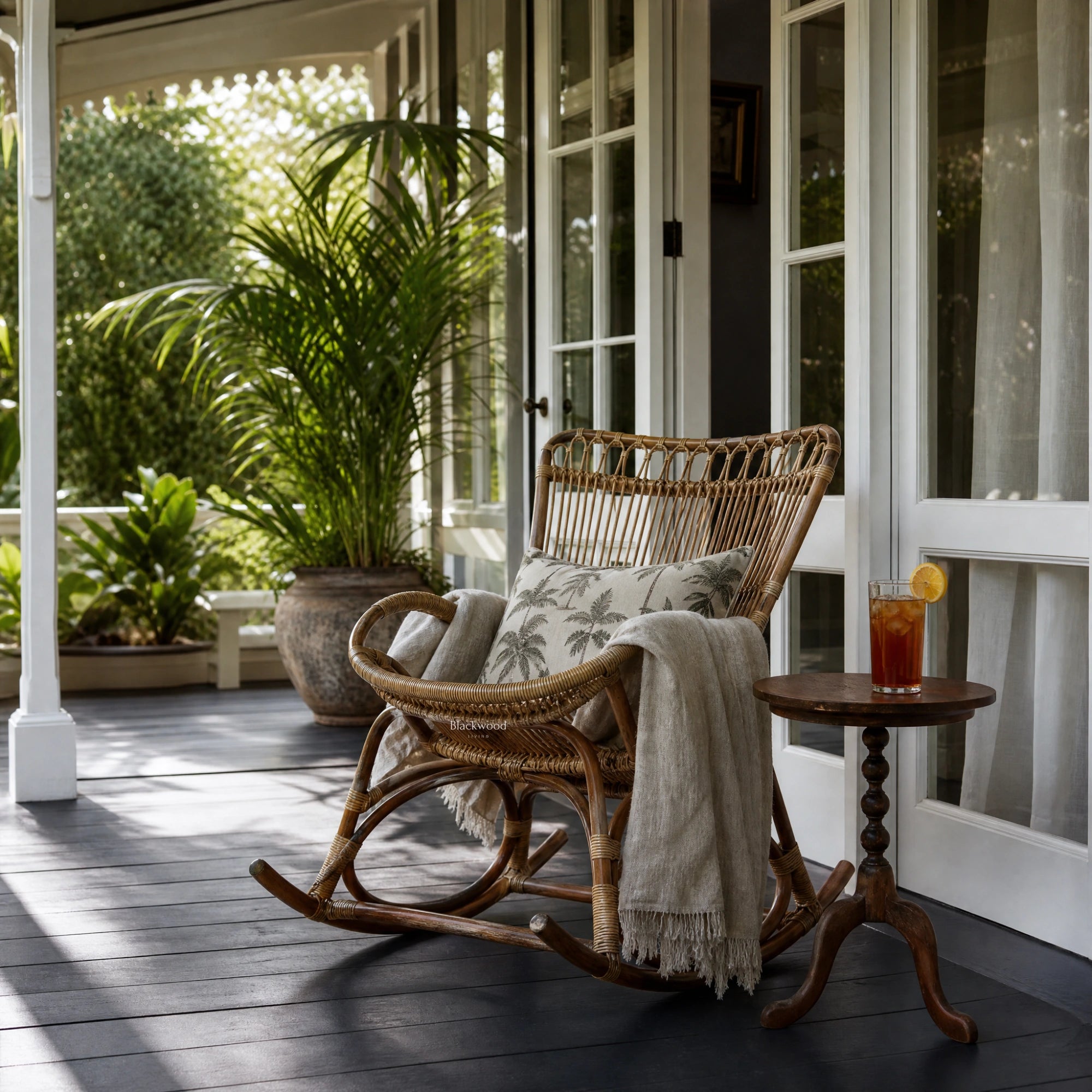 Sika Originals Monet Rattan Rocking Chair on a sunlit veranda, surrounded by greenery and a cozy throw blanket.