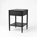 Rangoon Bedside Table in black mahogany finish with bamboo-inspired frame and single brass-handle drawer.