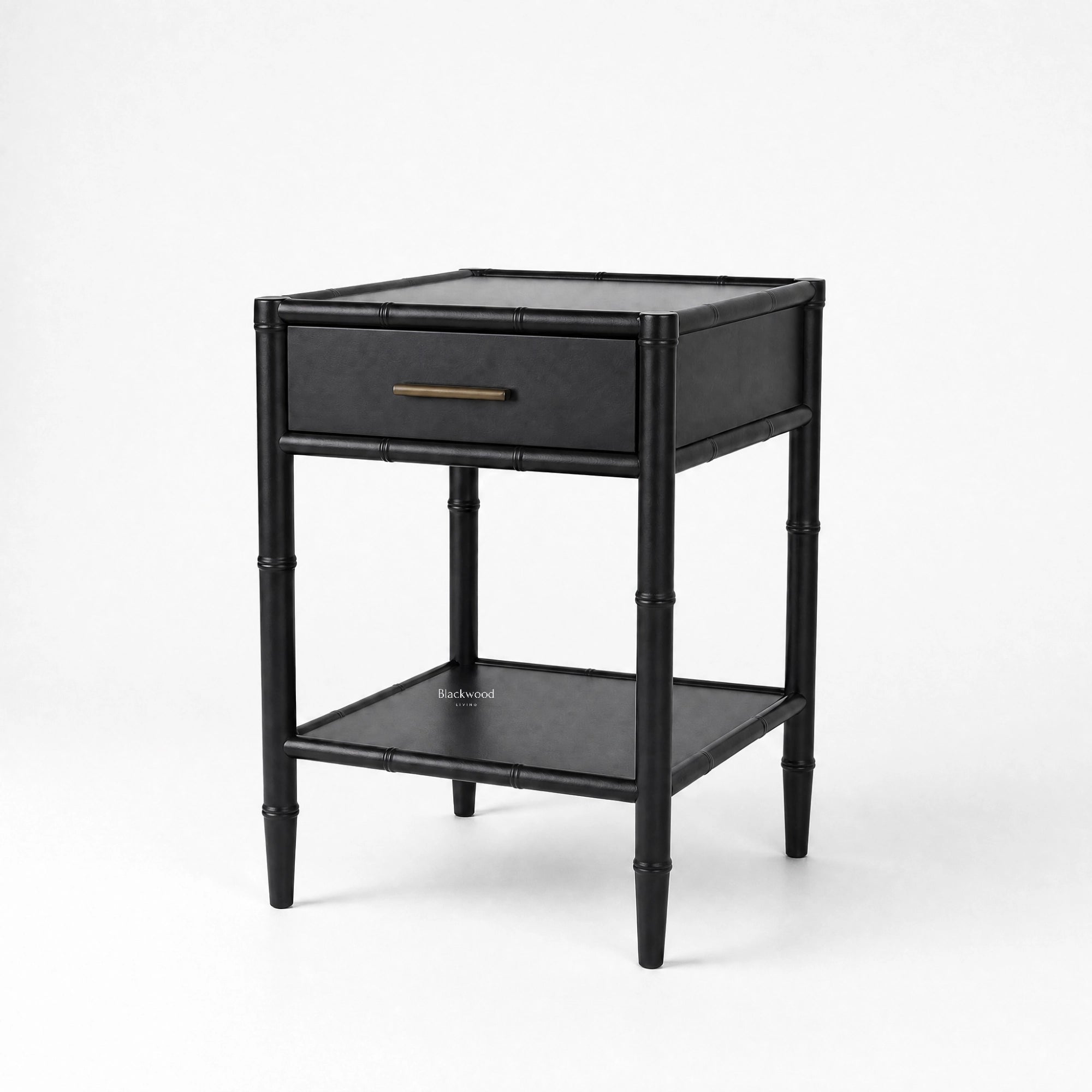 Rangoon Bedside Table in black mahogany finish with bamboo-inspired frame and single brass-handle drawer.