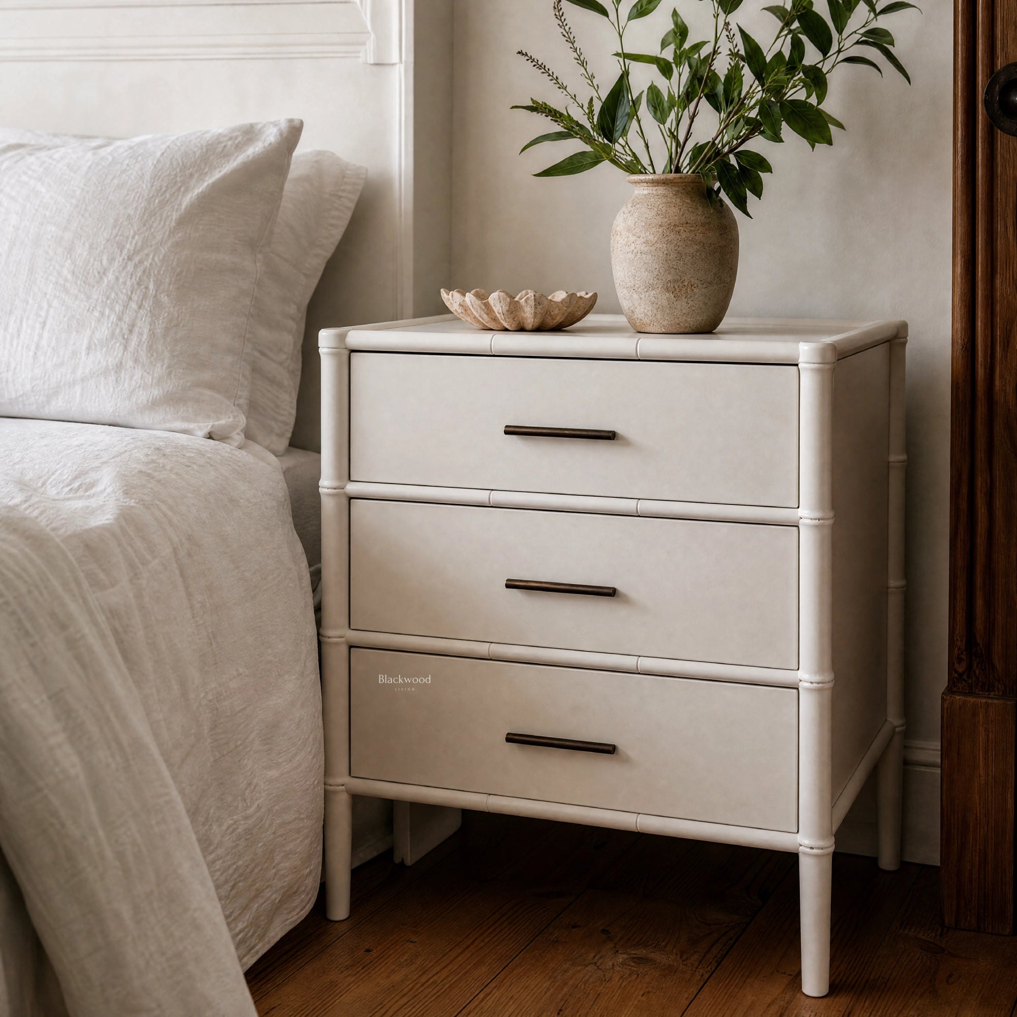 Rangoon 3-Drawer Bedside in white with bamboo detailing, topped by a speckled vase of greenery and a shell dish.