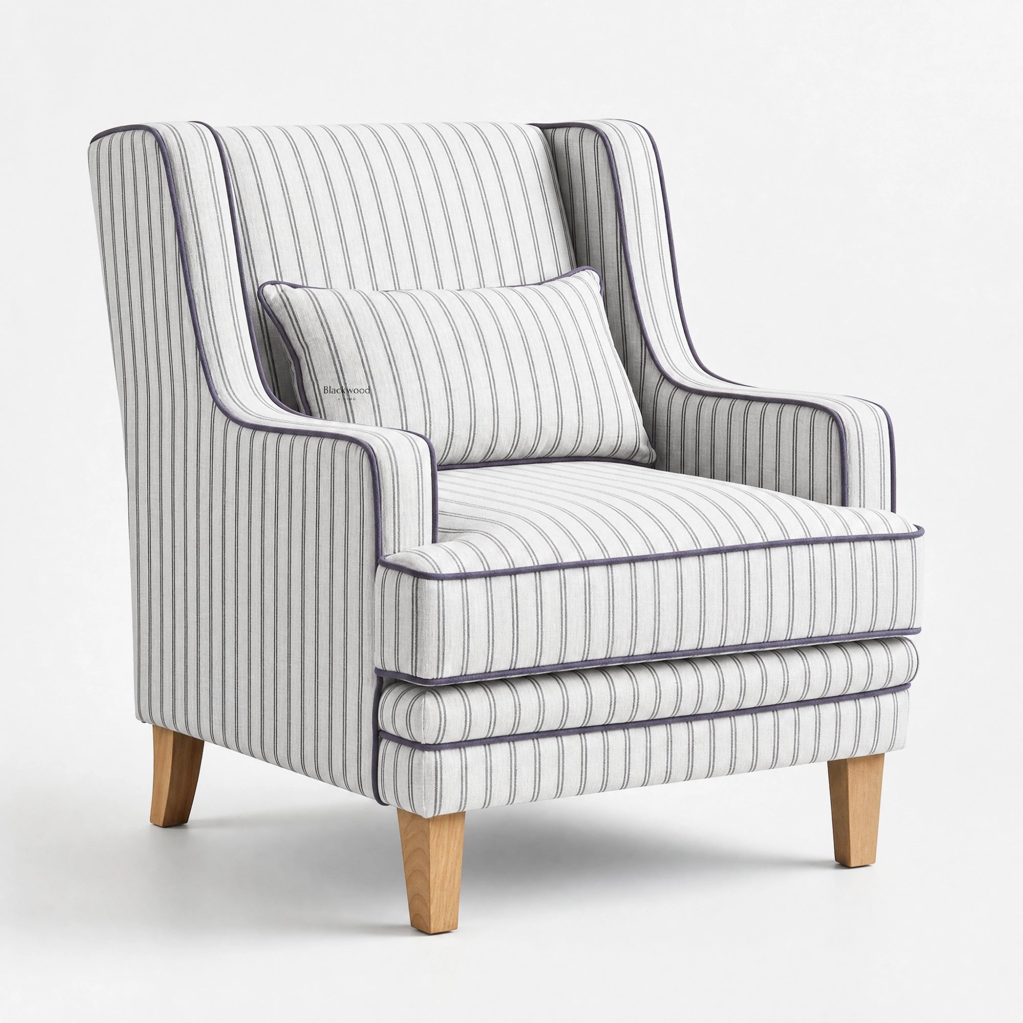 Anchorage Lounge Chair in Newport Stripe with purple piping and solid wood legs.
