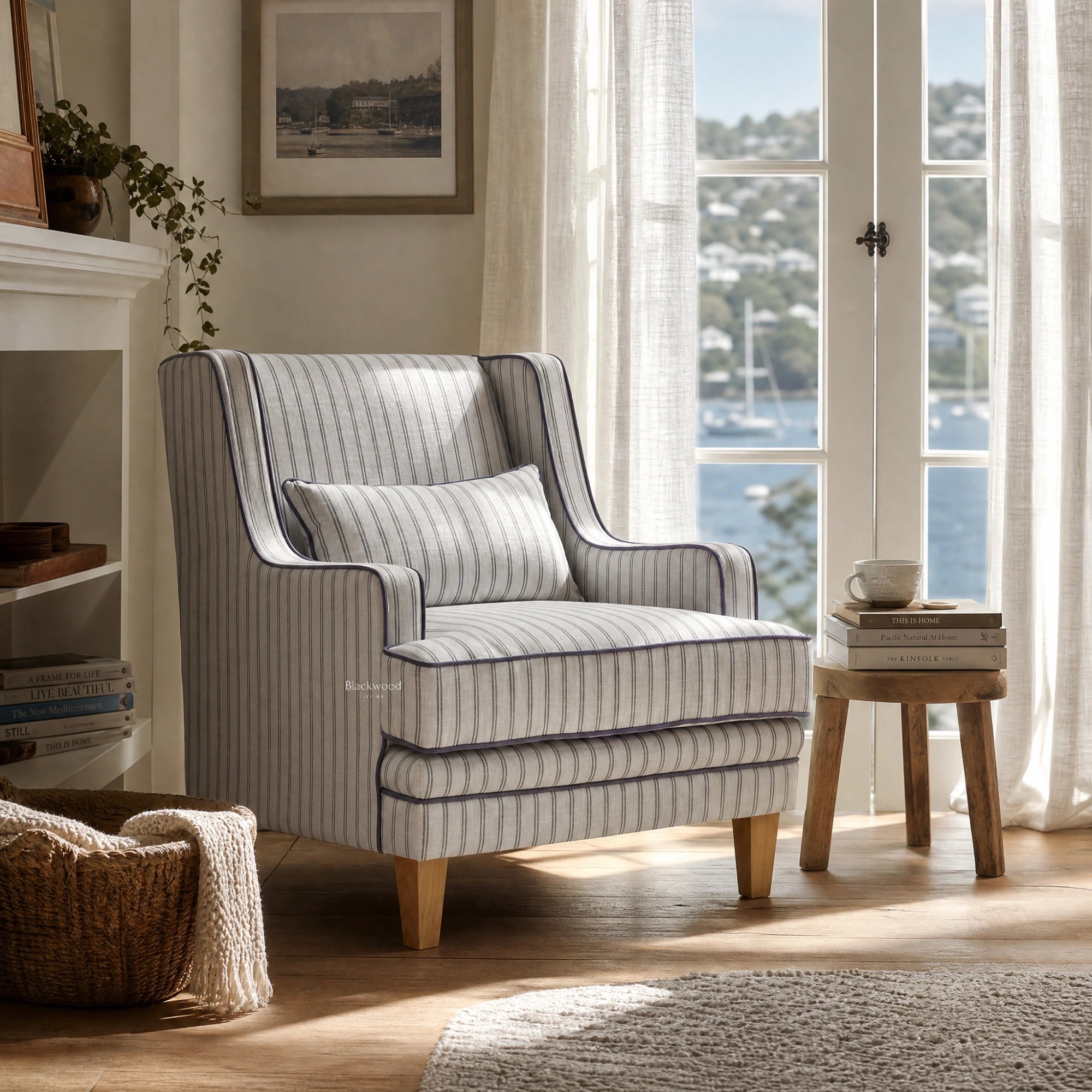 Anchorage Lounge Chair Newport Stripe with solid wood frame and tailored upholstery in a sunlit coastal living room
