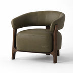 Olive leather tub chair with curved back and solid ash timber frame.