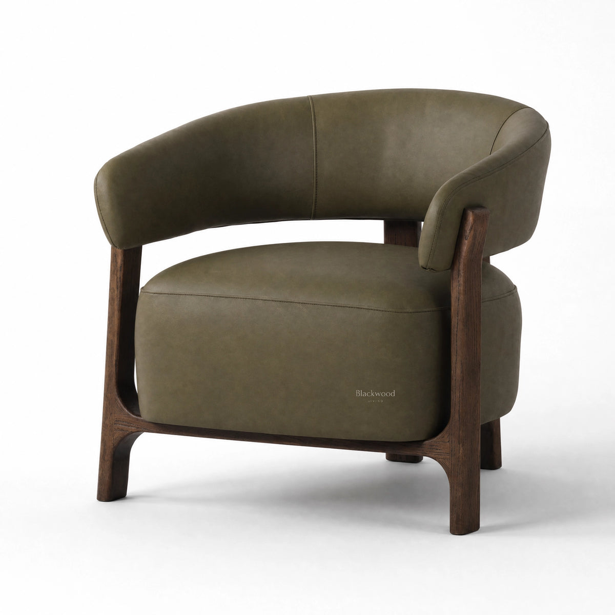 Olive leather tub chair with curved back and solid ash timber frame.