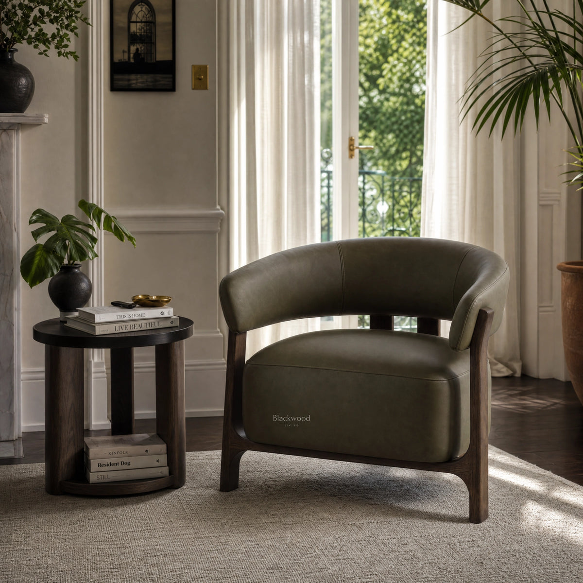 Olive leather barrel chair with curved back and solid dark wood frame beside a round side table in a sunlit room.
