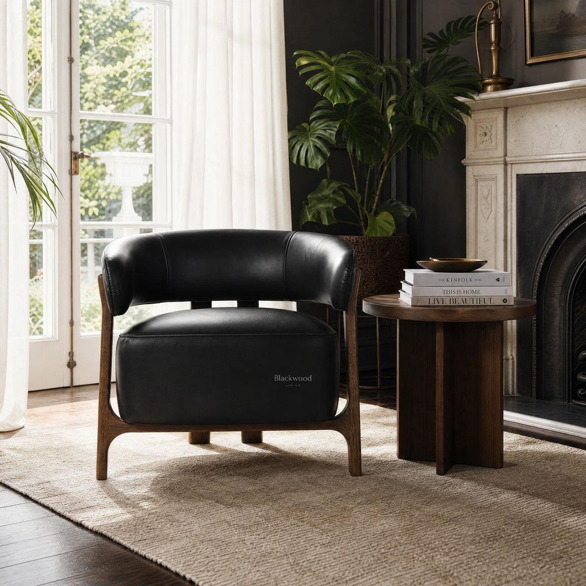 Black Alderton leather chair with curved back and solid ash timber frame in a sunlit living room.