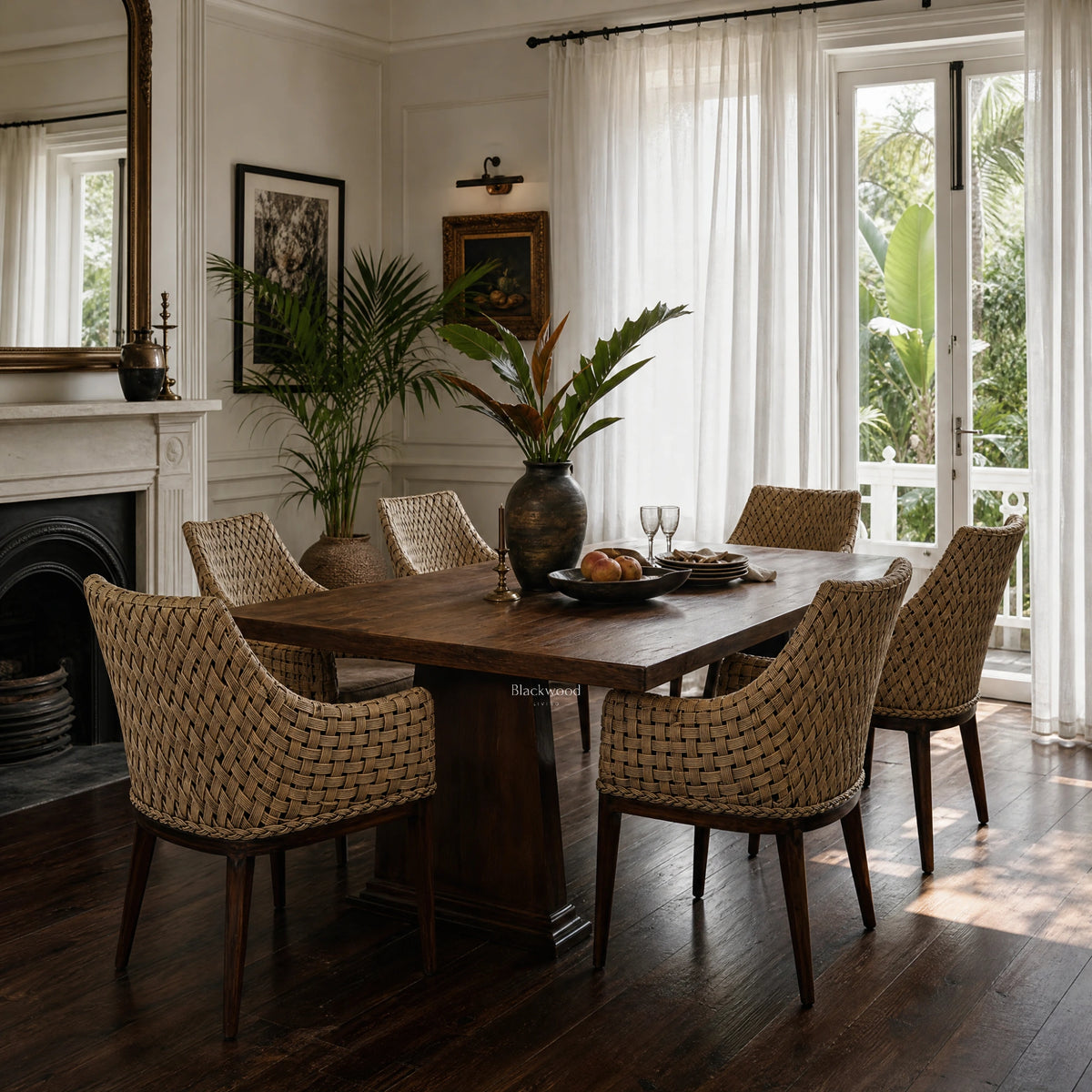 Woven rattan Malabar dining chairs with solid timber frames arranged around a wooden table in a sunlit plantation-style room.