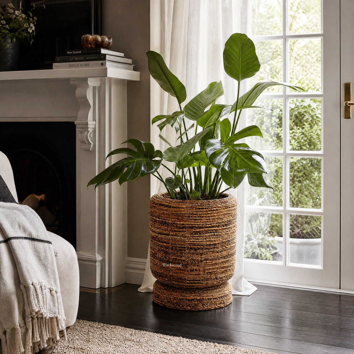 woven banana leaf planter holding a leafy green plant near a window and fireplace in a bright living room