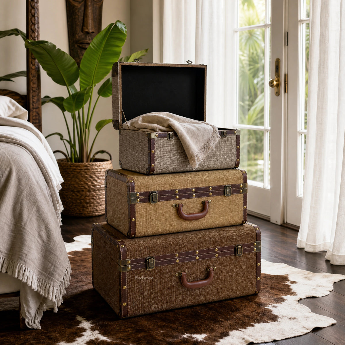 Stack of three vintage-style nesting trunks with woven texture, PU trim, and aged hardware, offering concealed storage in a bedroom setting.