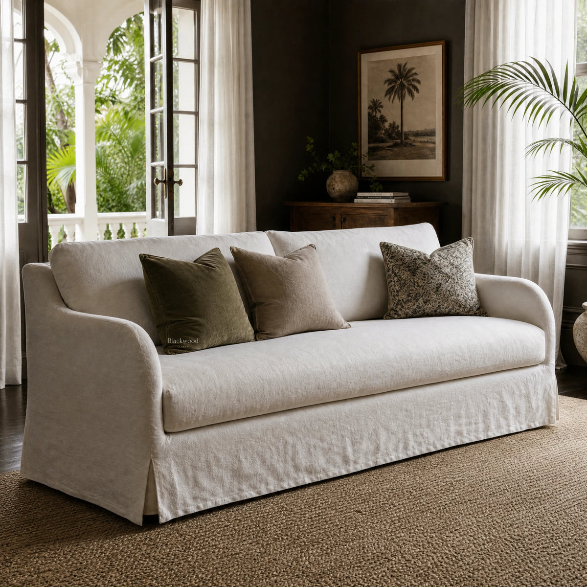 Monique Linen Slipcover Sofa with a full-length skirt and textured linen, neutral cushions in a sunlit living room.