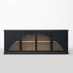 Archway Sideboard in deep black with arched doors, warm timber interior; elm plywood veneer.