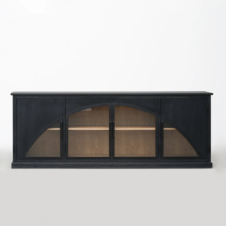 Archway Sideboard in deep black with arched doors, warm timber interior; elm plywood veneer.