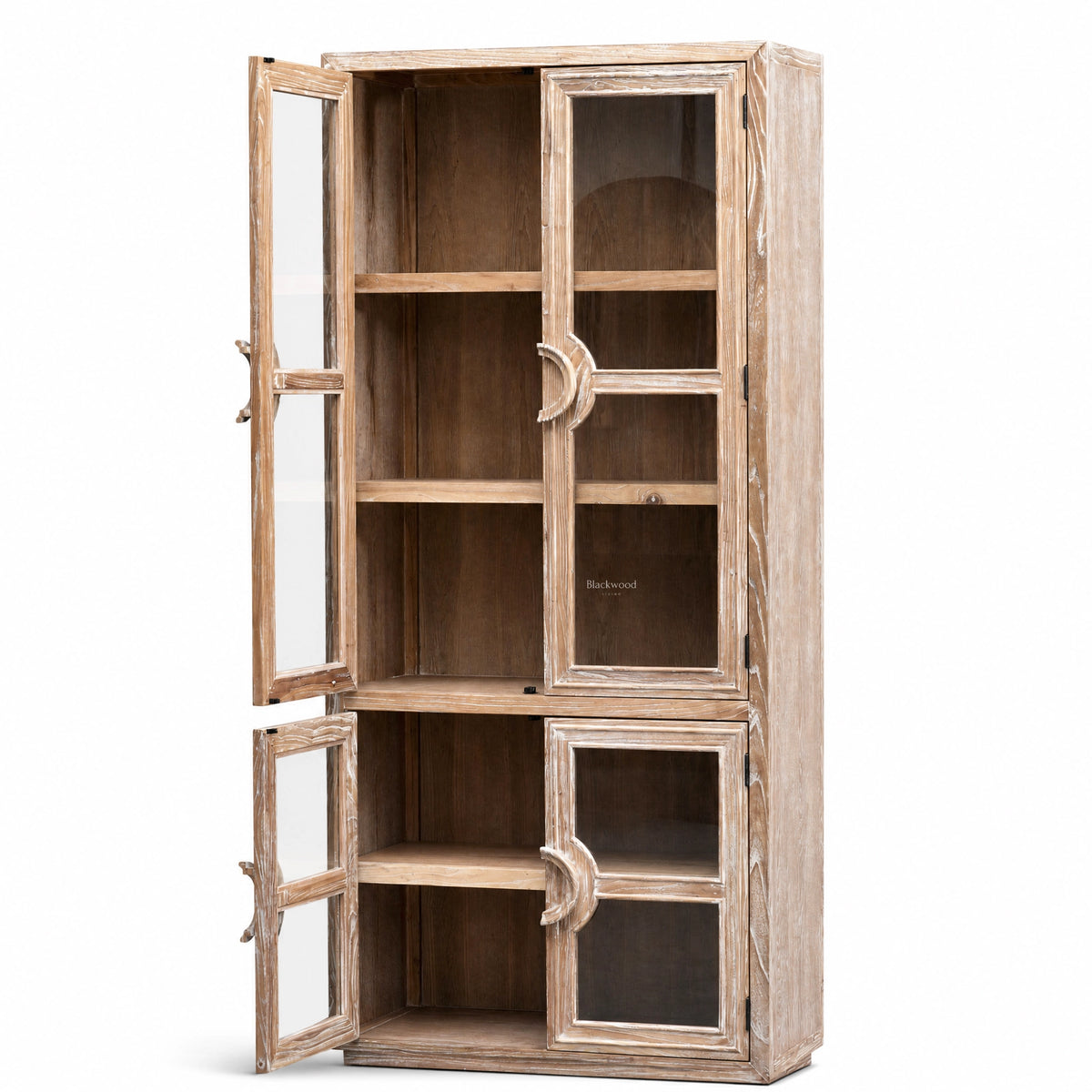Tall elm Capstan Cabinet with glazed doors, nautical circular handles, and open shelving displaying coastal character.