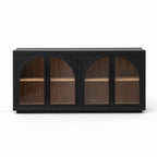 Dark elm sideboard with four glazed arched doors, featuring ecclesiastical detailing and warm wood interior shelves.