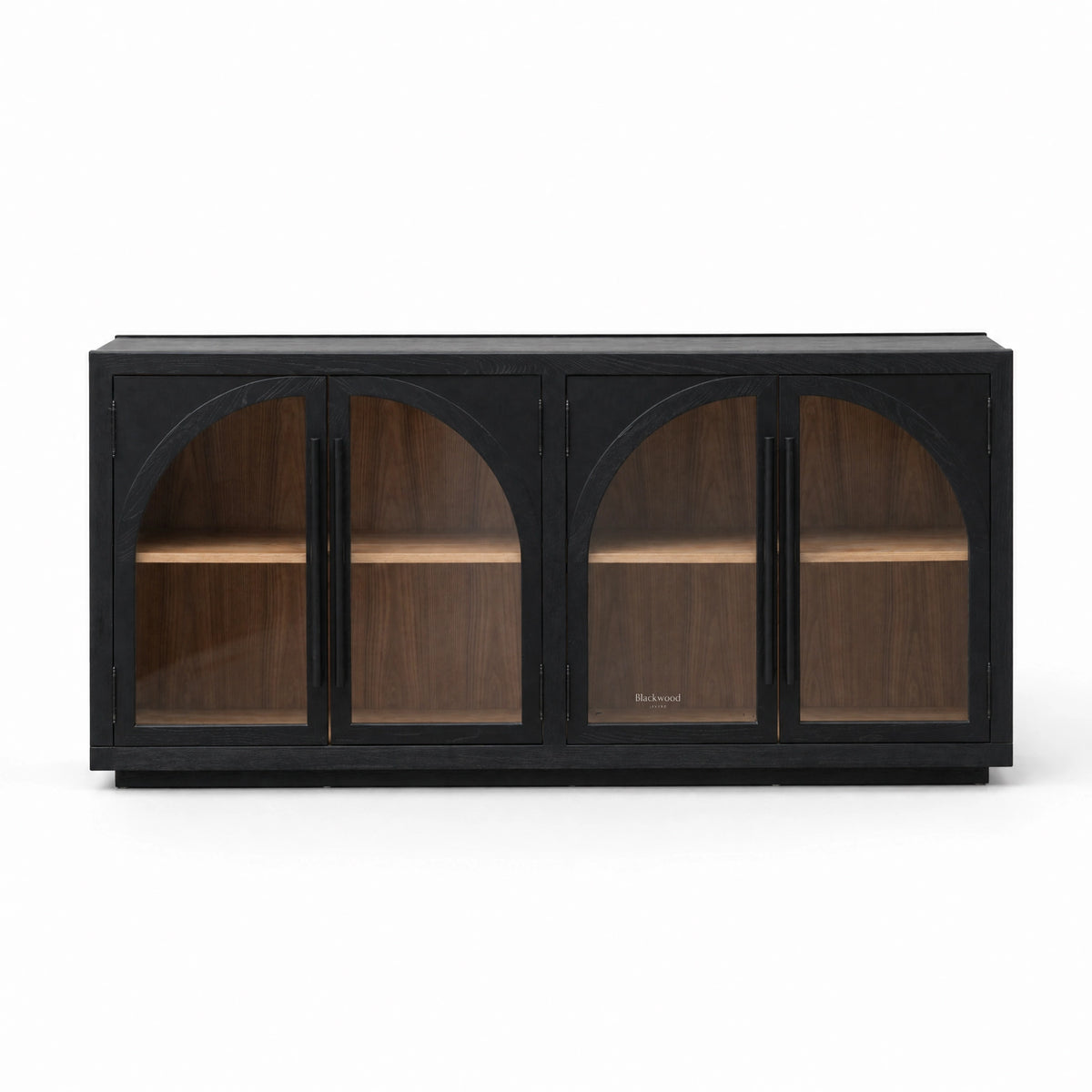 Dark elm sideboard with four glazed arched doors, featuring ecclesiastical detailing and warm wood interior shelves.