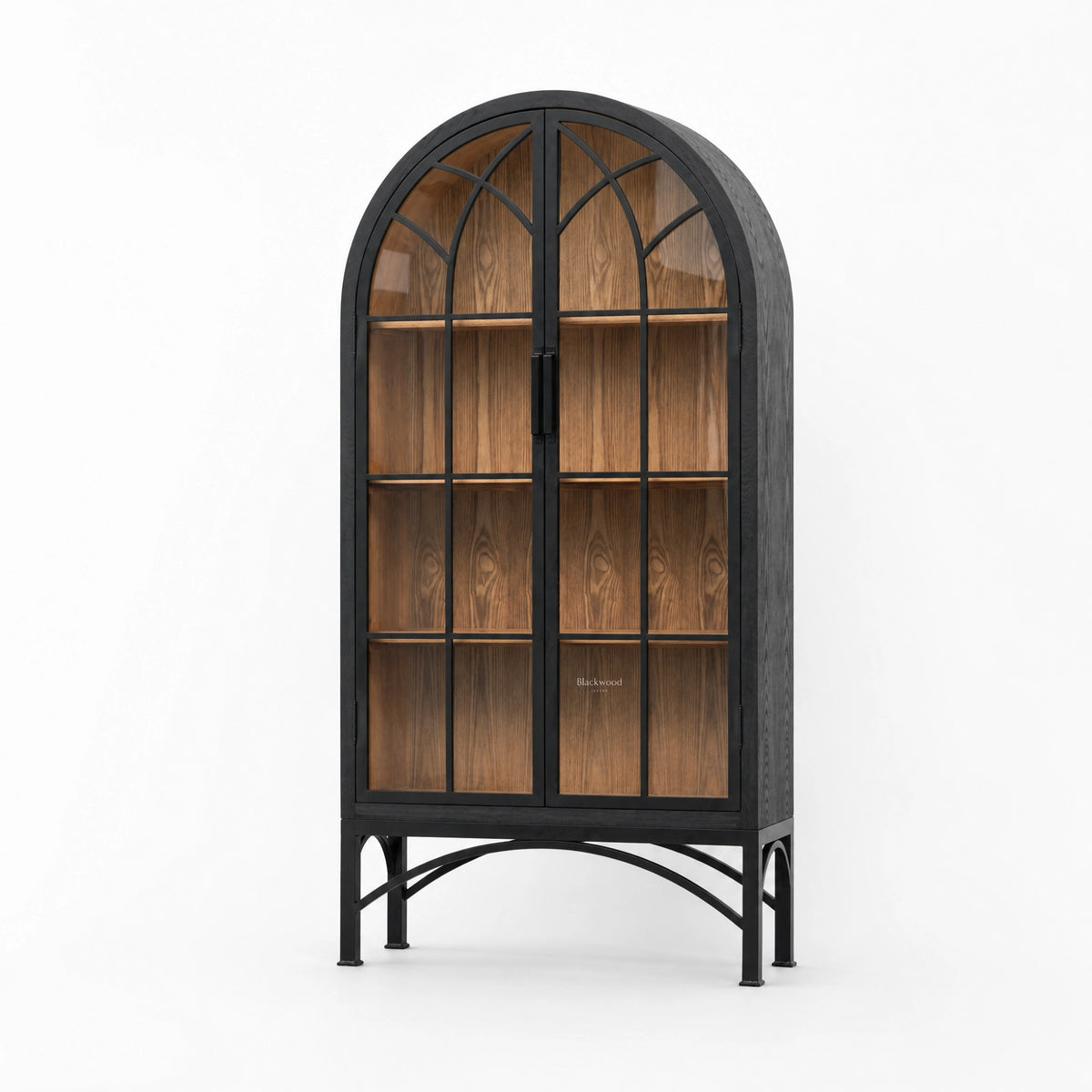 Tall arched cabinet with glazed doors, dark metal frame, and warm wood interior on a scenic metal base.
