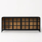 Heritage-inspired sideboard with black frame, glazed grid doors, and warm ash wood interior. Generous scale with rounded corners.