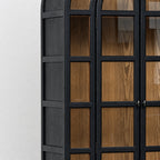Dark finished elm cabinet with glazed arched doors showcasing warm natural wood grain and traditional heritage design.