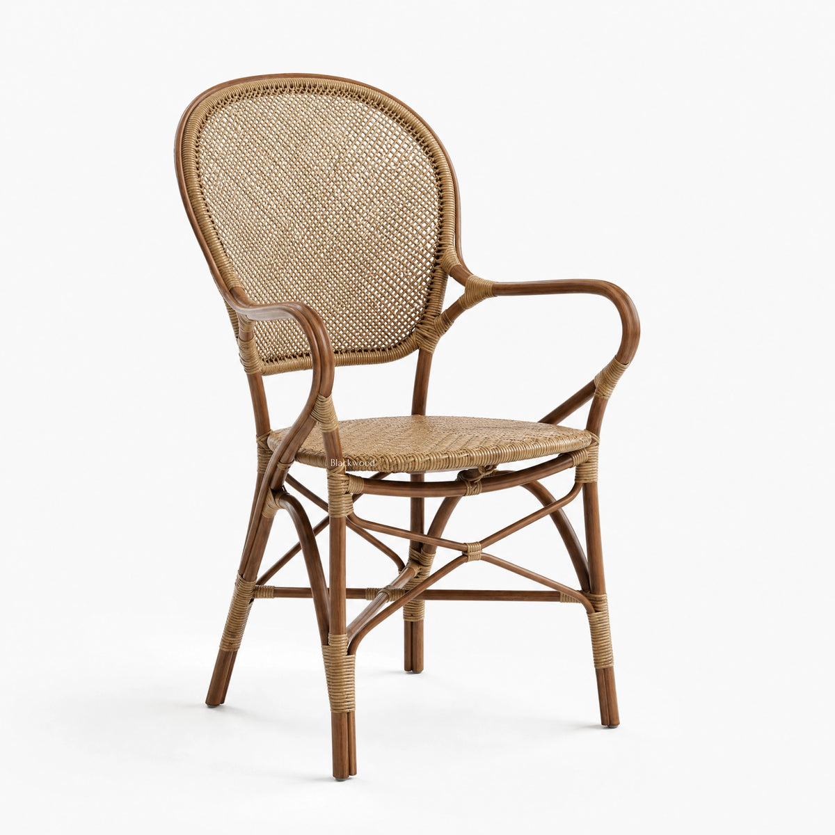 Sika Rossini Rattan Armchair antique, curved frame with woven back and bound joints.