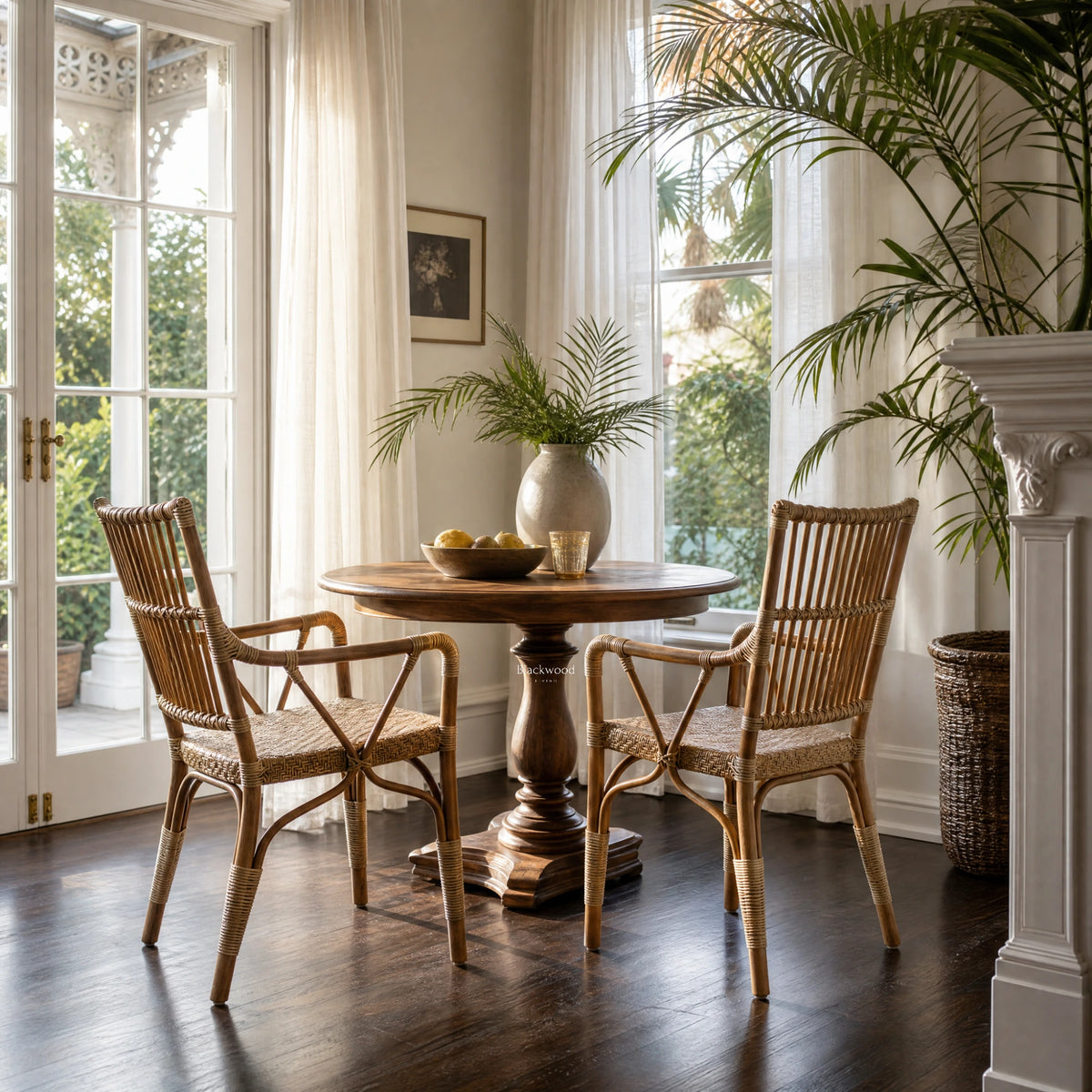 Antique handmade Indonesian rattan armchairs with braided seats and structured backrests flanking a wooden dining table.