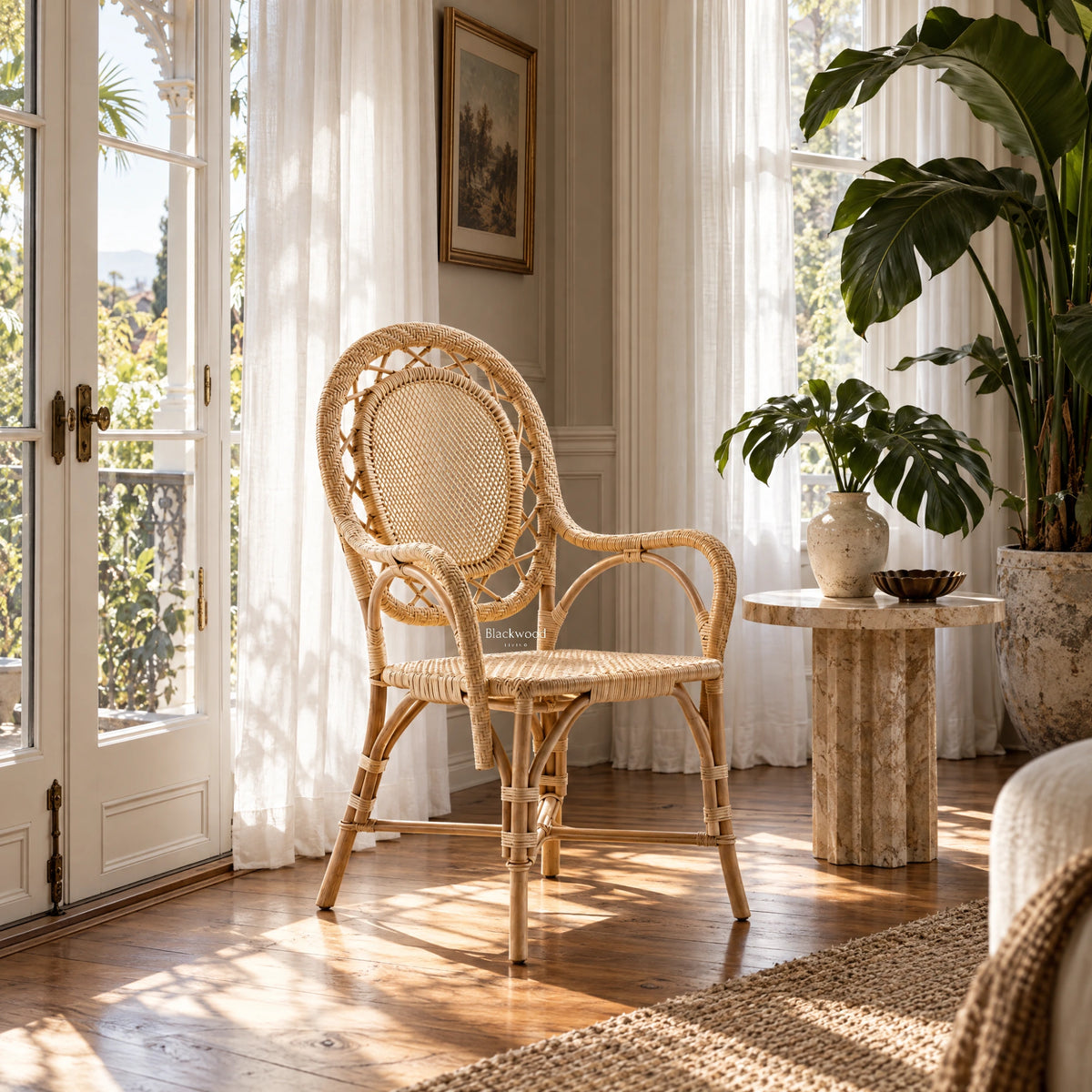 Rattan armchair with rounded back and woven panels placed on a wooden floor near sunlit curtains and a potted plant.