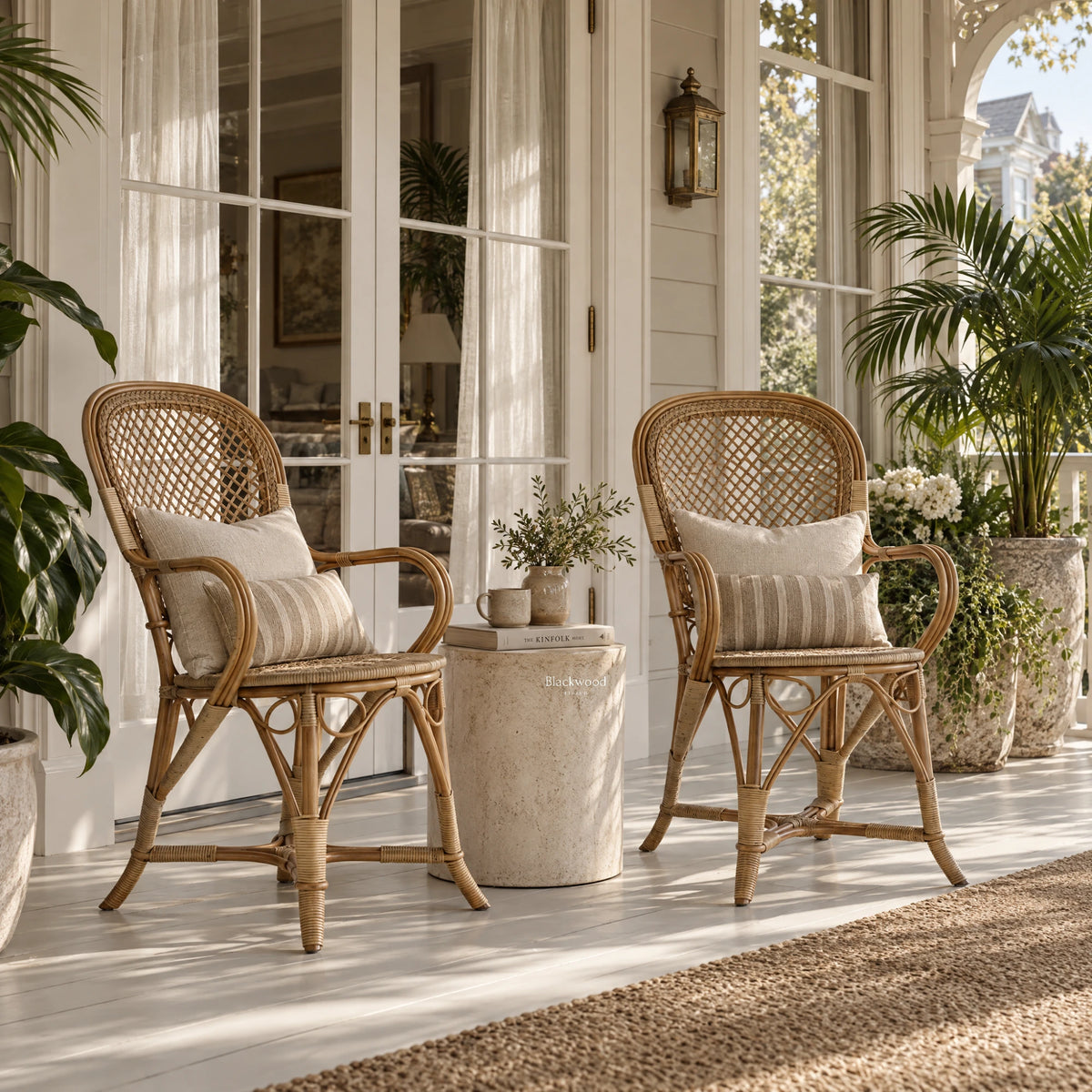 Two Sika Fleur rattan armchairs with lattice backs and linen cushions sit on a sunlit porch beside a stone side table.