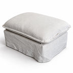 Soft grey Henley Ottoman with generously cushioned top and skirted base, upholstered in natural linen and cotton blend.