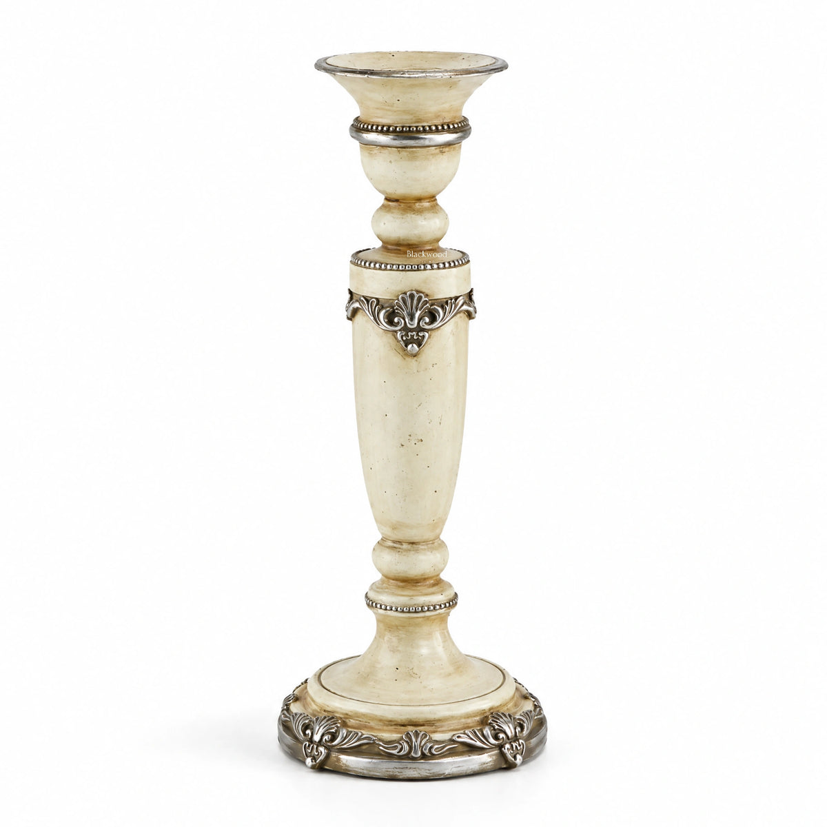 Tall antique cream candle holder with turned silhouette and silver ornamental detailing, featuring classical European design.