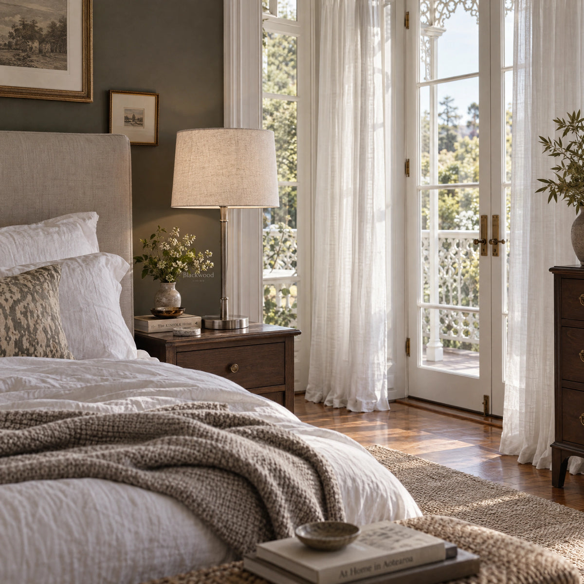Clarendon Table Lamp with slender fluted silver base and tapered natural linen shade on a wooden nightstand beside a bed.