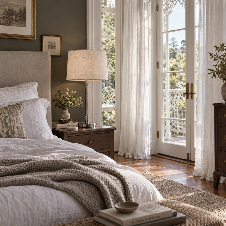 Clarendon Table Lamp with slender fluted silver base and tapered natural linen shade on a wooden nightstand beside a bed.