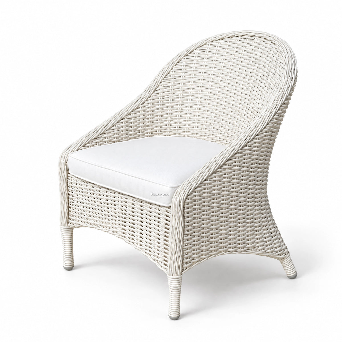White outdoor armchair with sweeping woven rattan profile, crisp finish, and white cushion on lightweight铝 base.