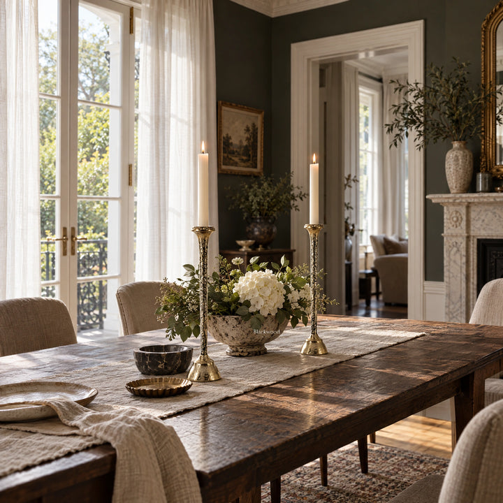 Tall slender antique aluminium candle holders with textured finish flank a white floral centerpiece on a rustic wooden dining table.