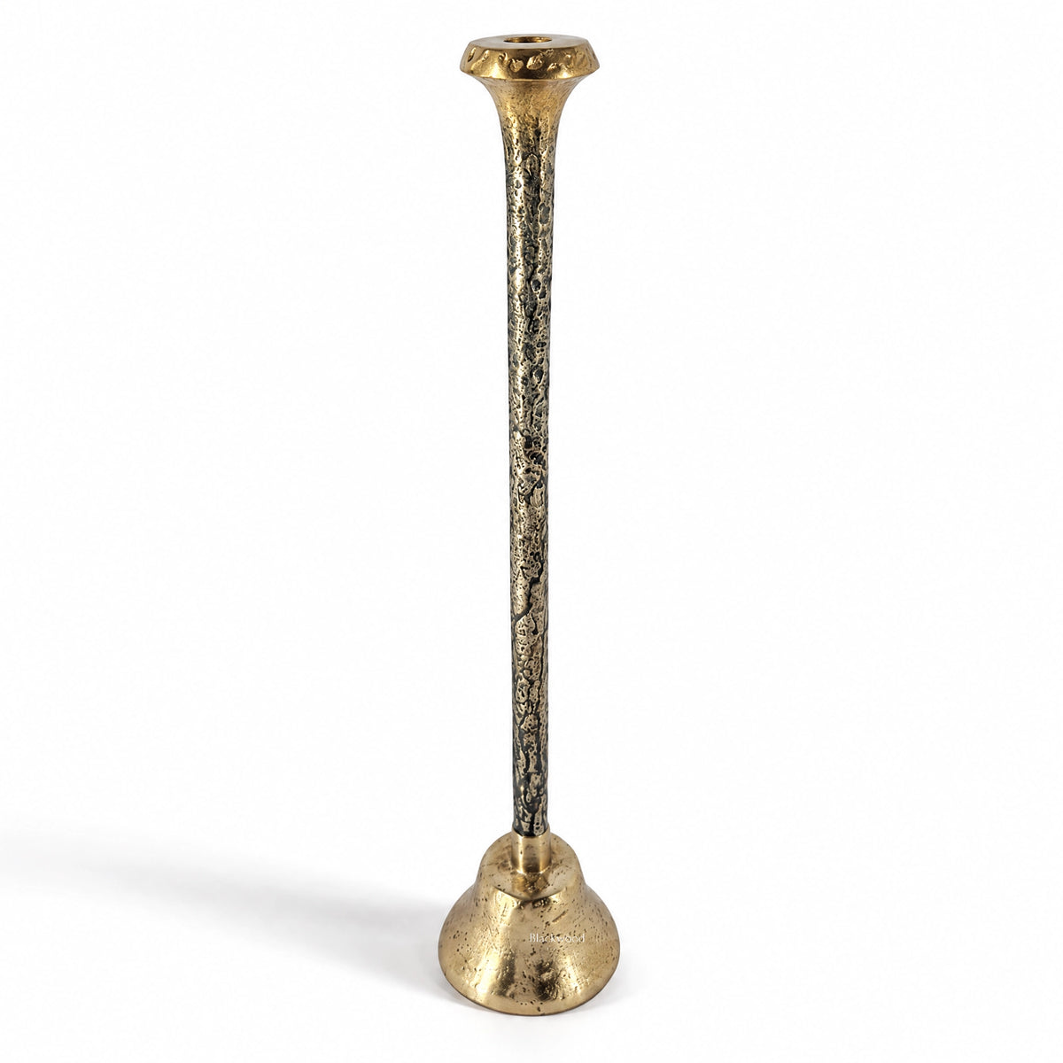 Tall slender aluminium candle holder with textured antique finish and sculptural silhouette featuring tonal variation.