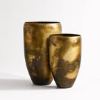 Nagar Planters Set/2: two handcrafted iron planters in antiqued gold with aged patina