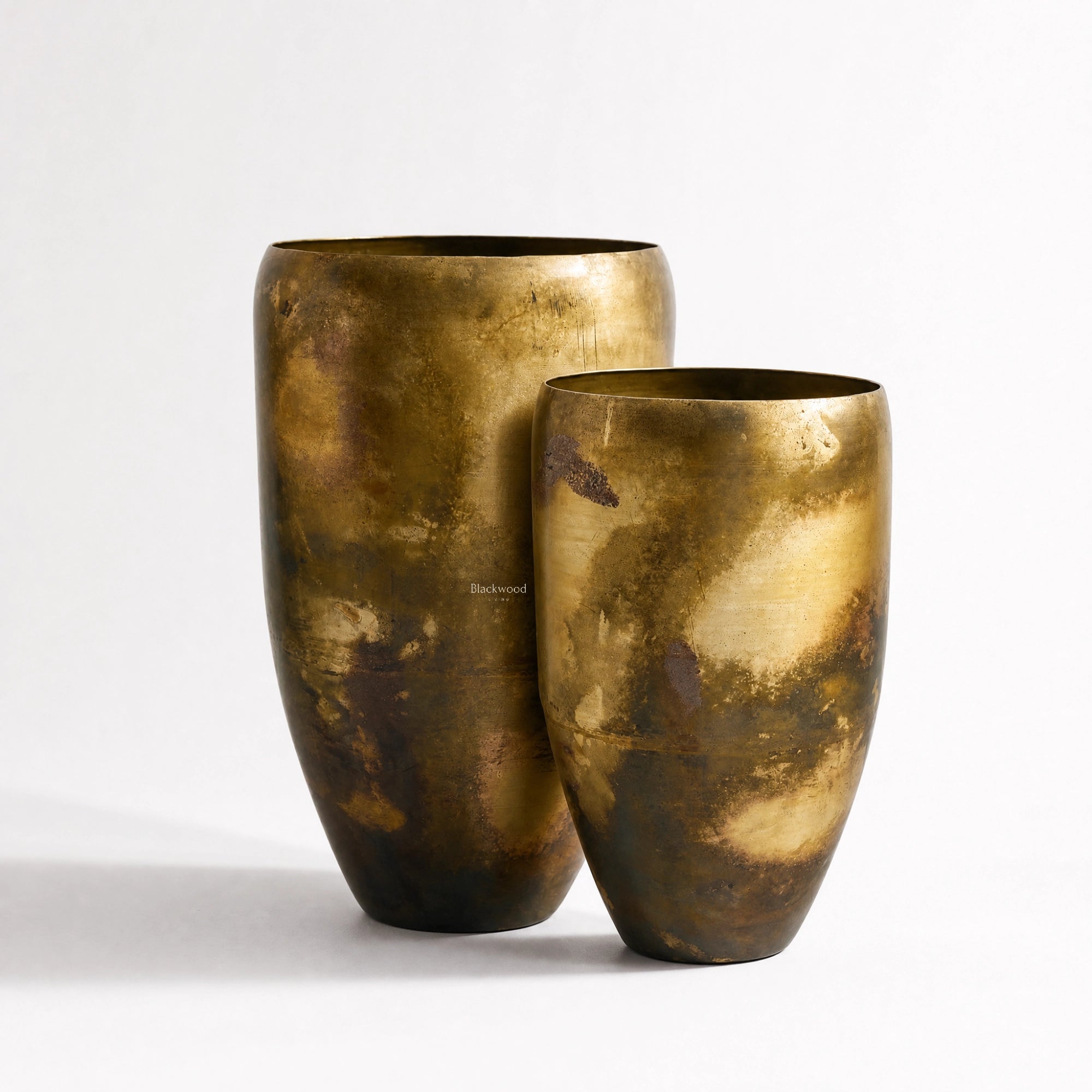 Nagar Planters Set/2: two handcrafted iron planters in antiqued gold with aged patina