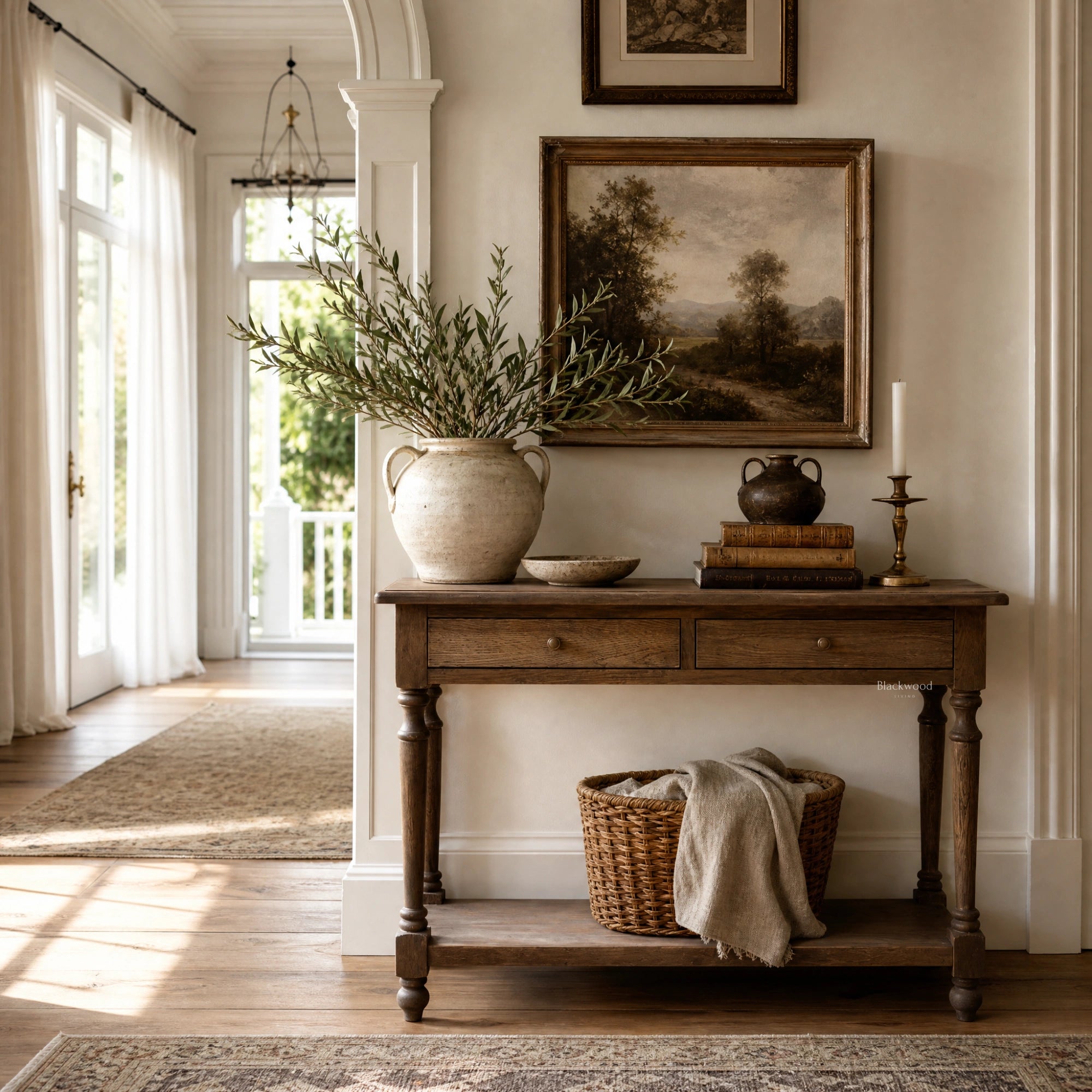 Bordeaux Hall Table in warm oak with natural grain, styled in a classic entry hall with vase and books.