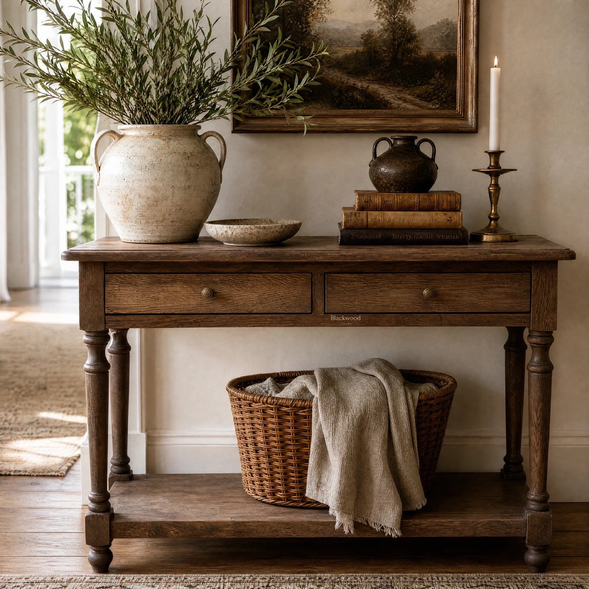 Bordeaux Hall Table in oak with natural grain, greenery vase, vintage pot, books, candle, landscape art, and basket.
