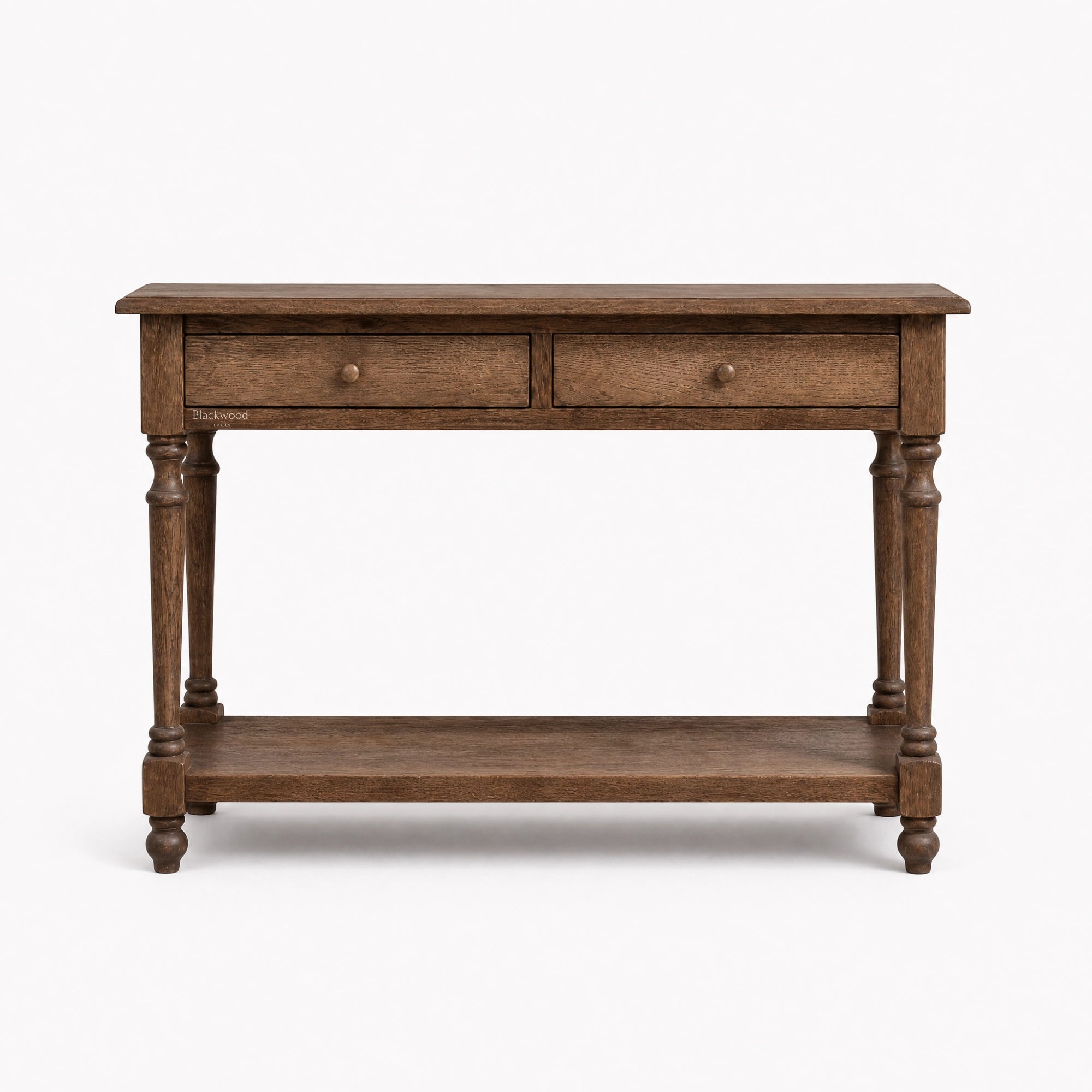 Bordeaux Hall Table in oak with natural grain, two front drawers and lower shelf, turned legs.