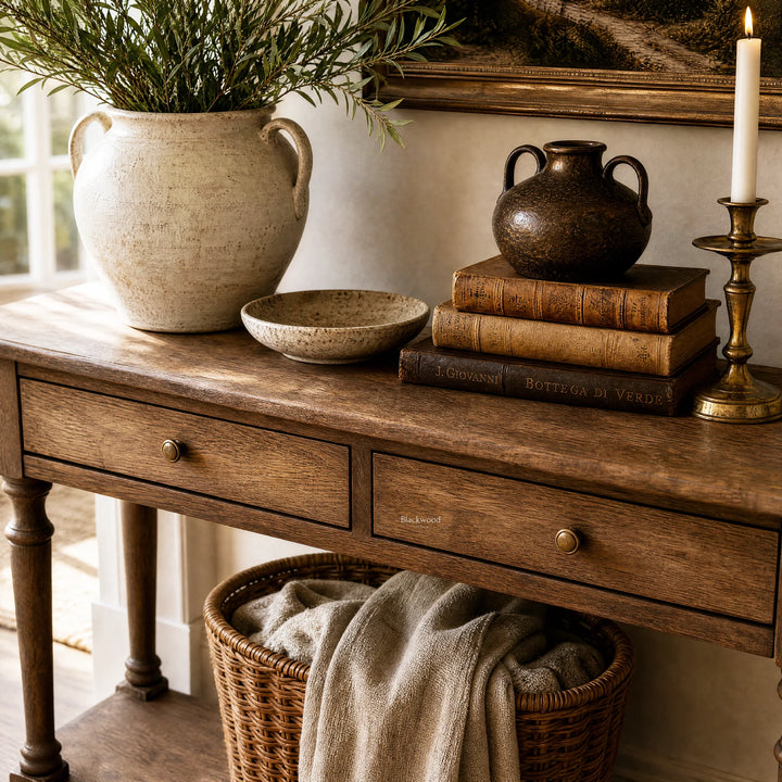 Bordeaux Hall Table in oak with visible grain, paired with ceramic vases, books and a candle.