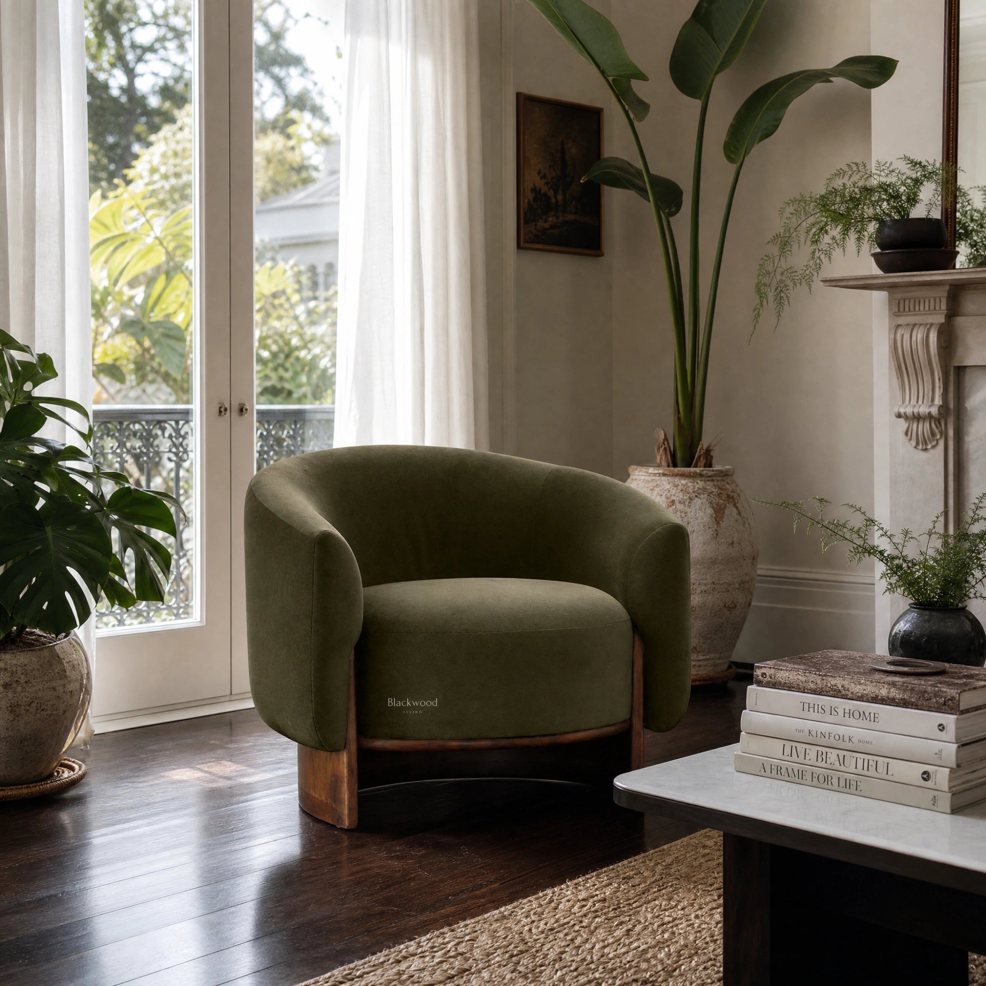 Fairfield Occasional Chair in moss mohair velvet with exposed timber, in a cozy plant-filled living space.